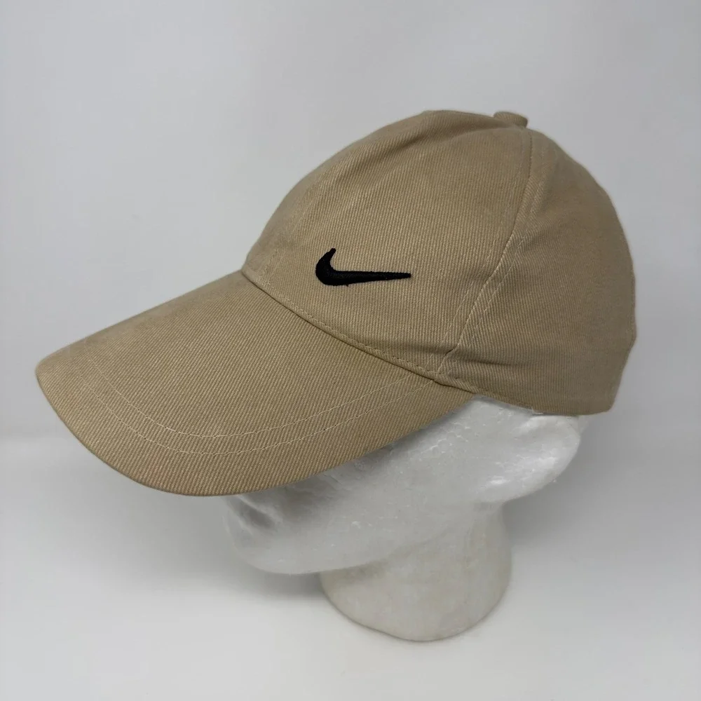 Vintage Nike Swoosh Hat Tan Khaki Made in Korea Adjustable Zip Strap Cap